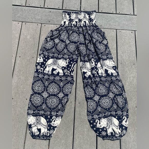 Women's Elephant Print Jogger Pants ~ palazzo for Women Navy / Cream - Picture 1 of 8